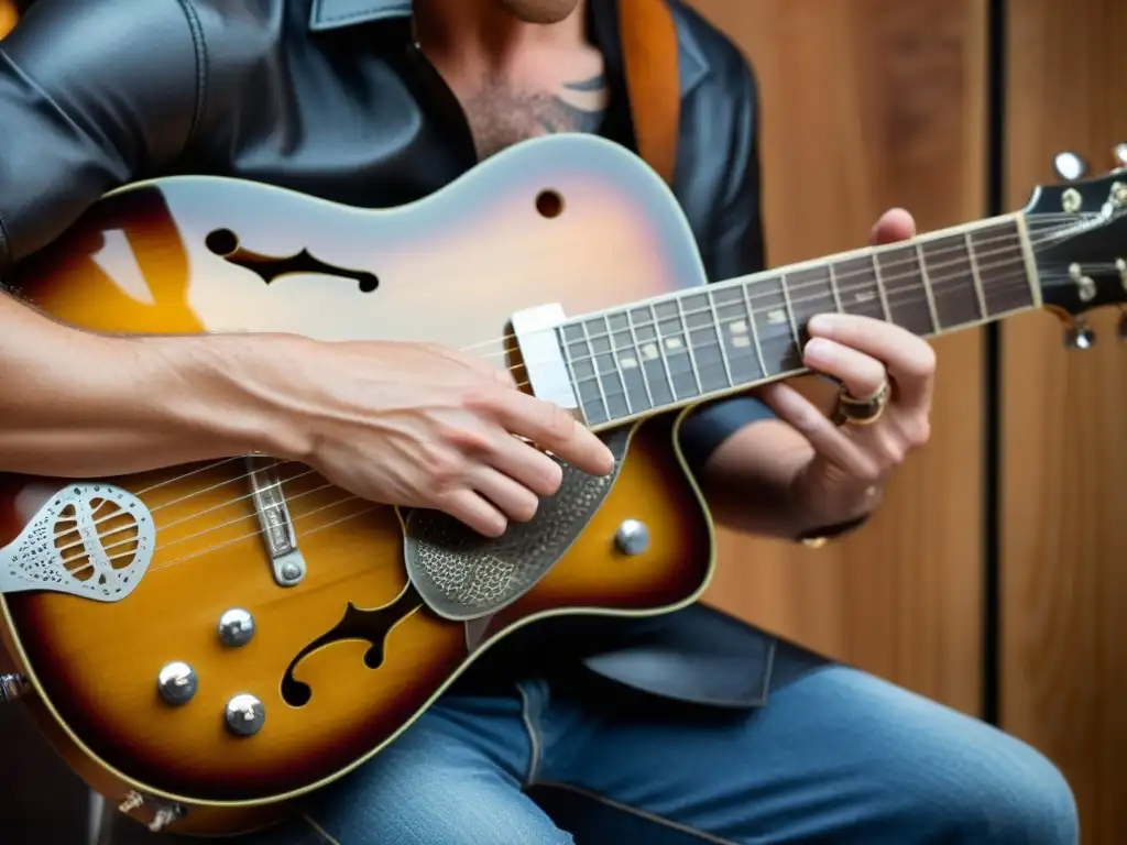 Un músico experto toca el slide guitar en una guitarra resonadora vintage, mostrando la técnica y emotividad