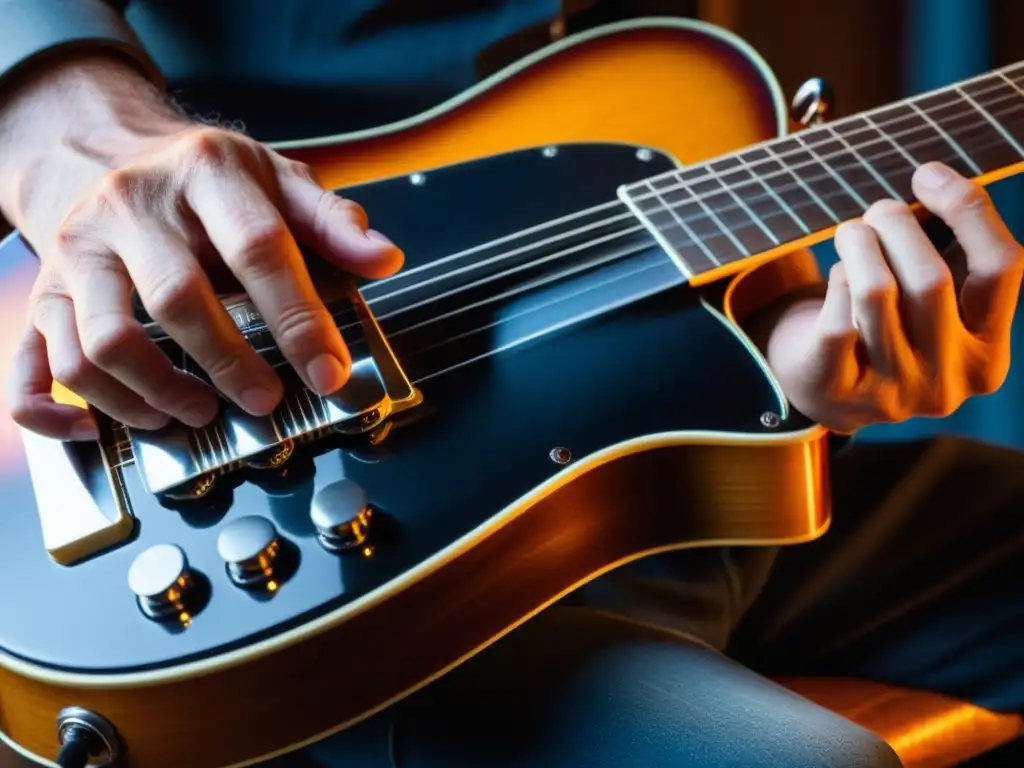 Un músico experto toca el slide guitar con pasión, mostrando técnica y dedicación