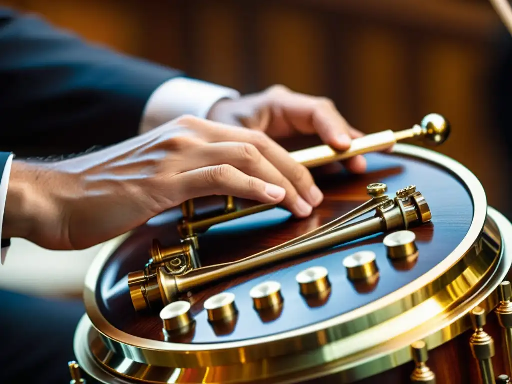 Un músico experto resucitando el sonido del serpete con destreza, rodeado de instrumentos tradicionales y partituras borrosas