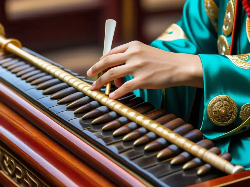 Un músico experto toca la suona, un instrumento de viento chino, rodeado de un conjunto tradicional