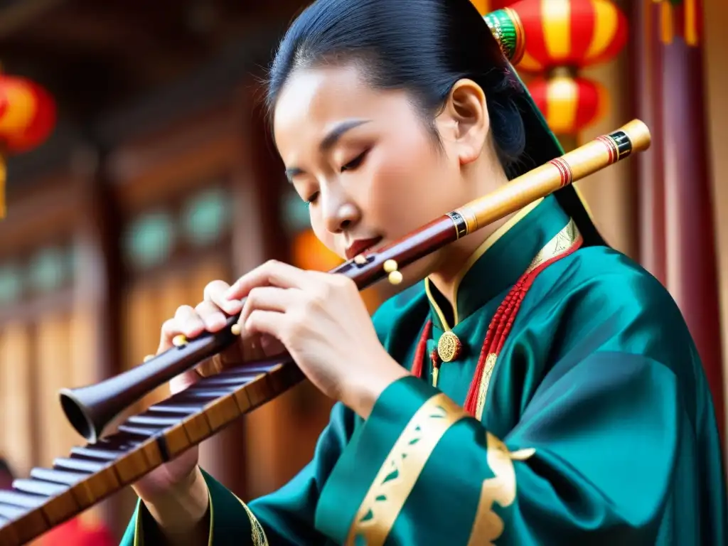 Un músico experto toca la suona, un instrumento de viento tradicional chino, en un bullicioso festival