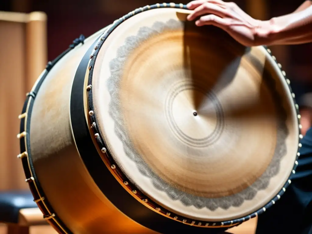 Un músico experto toca un taiko japonés, resaltando la rica textura y energía dinámica