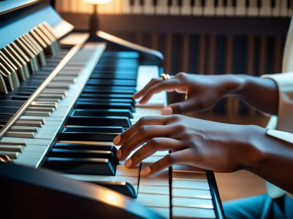 Un músico experto toca el teclado con pasión en un escenario