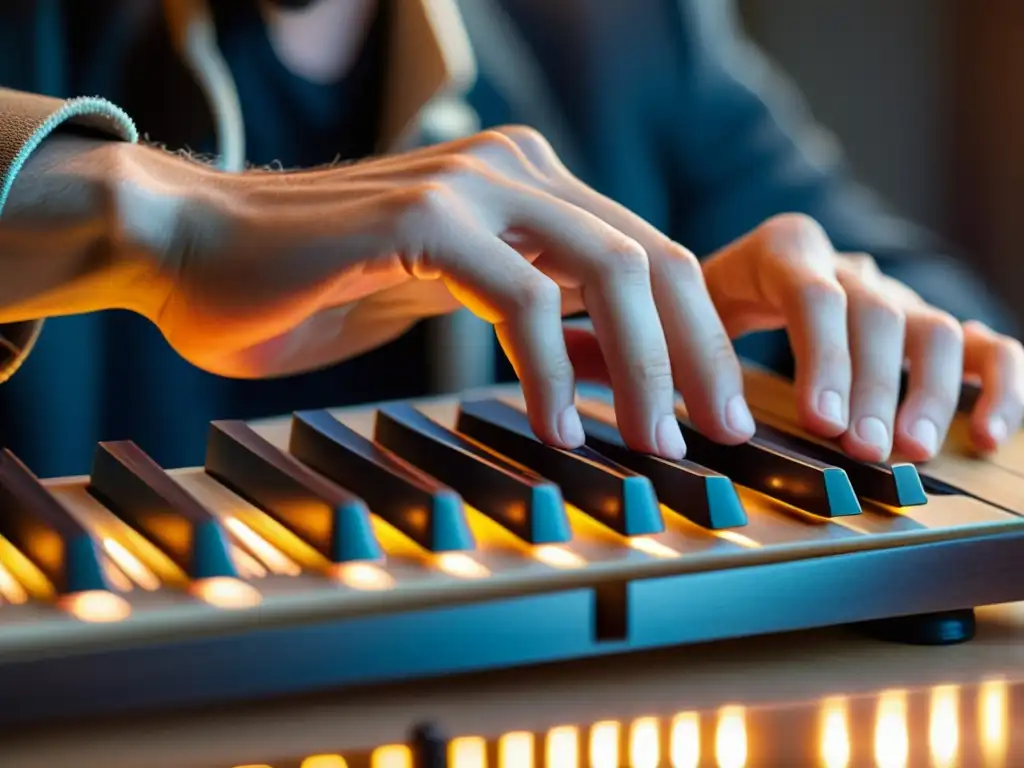 Un músico experto toca el teclado expresivo Continuum Fingerboard, sus manos crean música con pasión y destreza