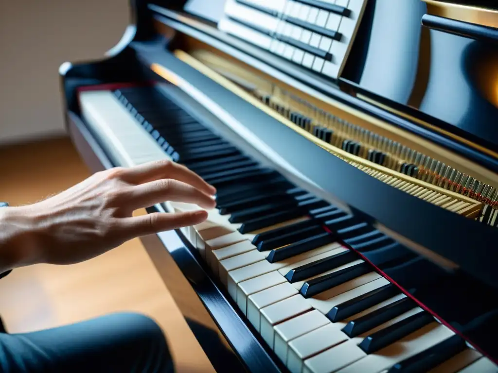 Músico experto tocando las teclas del piano con precisión, mostrando las técnicas de mano izquierda teclado