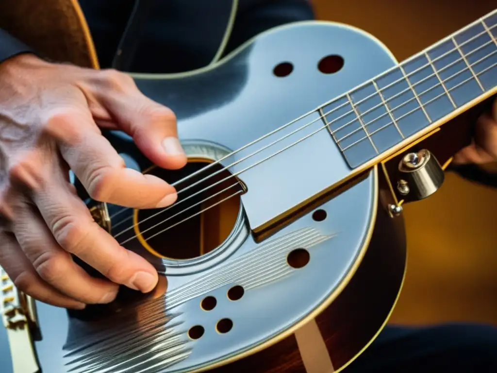 Un músico experto ejecuta la técnica de guitarra blues bottleneck en una guitarra resonadora vintage, transmitiendo historia y emoción