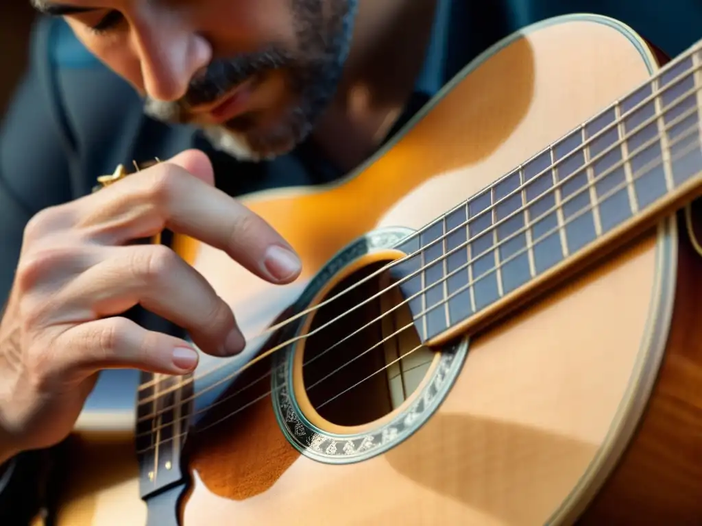 Un músico experto ejecuta la técnica de púa circular en el bouzouki, mostrando destreza y tradición