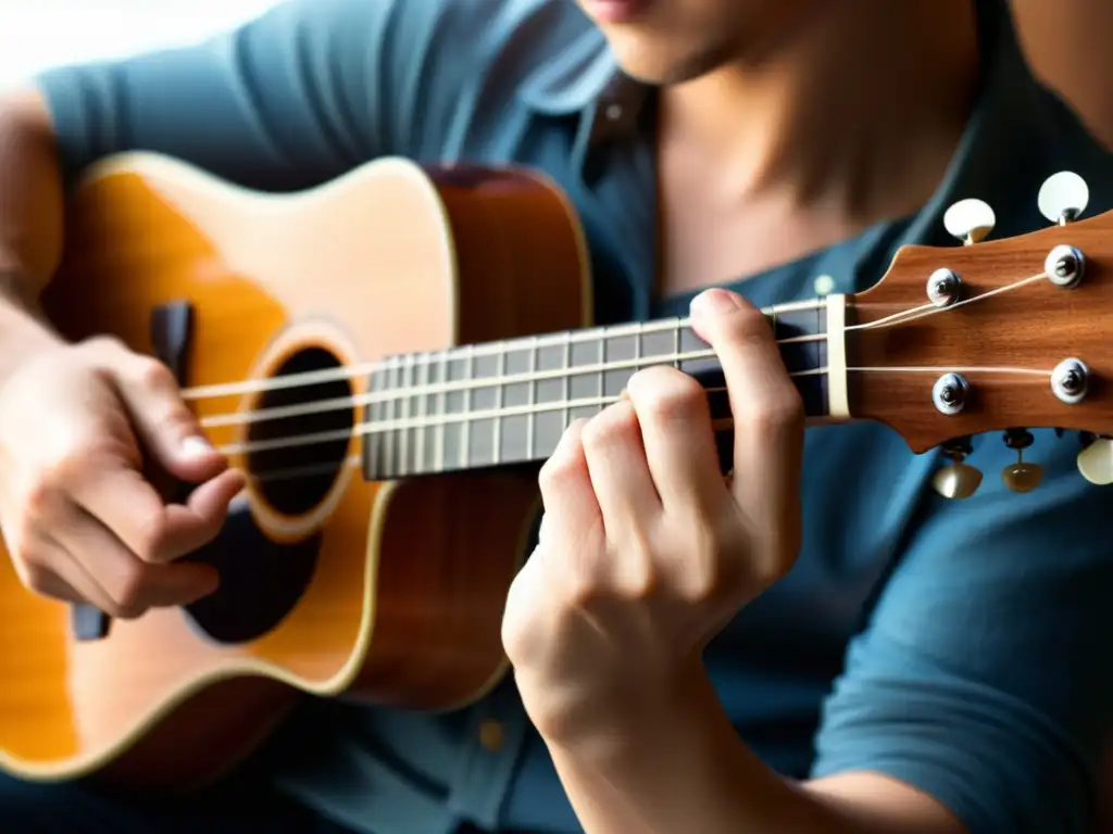 Un músico experto ejecuta la técnica campanella en un ukelele, creando melodías encantadoras con movimientos precisos y expresión concentrada