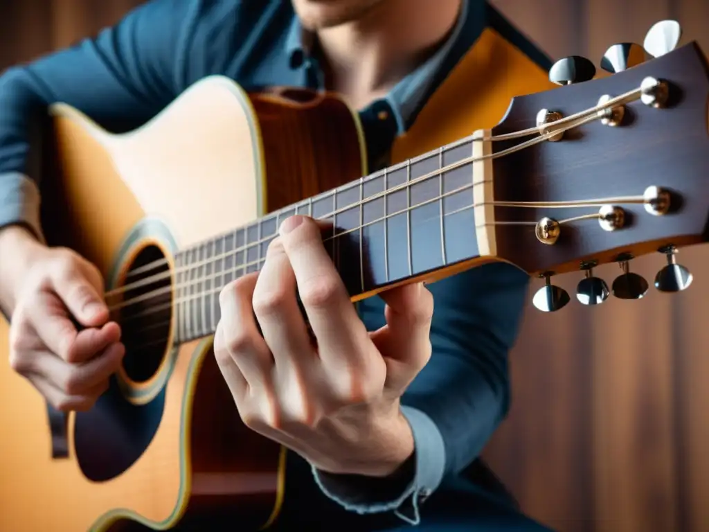 Martilleo experto: Maestría en la guitarra acústica Un músico experto demuestra la técnica martilleo en una guitarra acústica, con precisión y destreza, creando una imagen etérea en el proceso