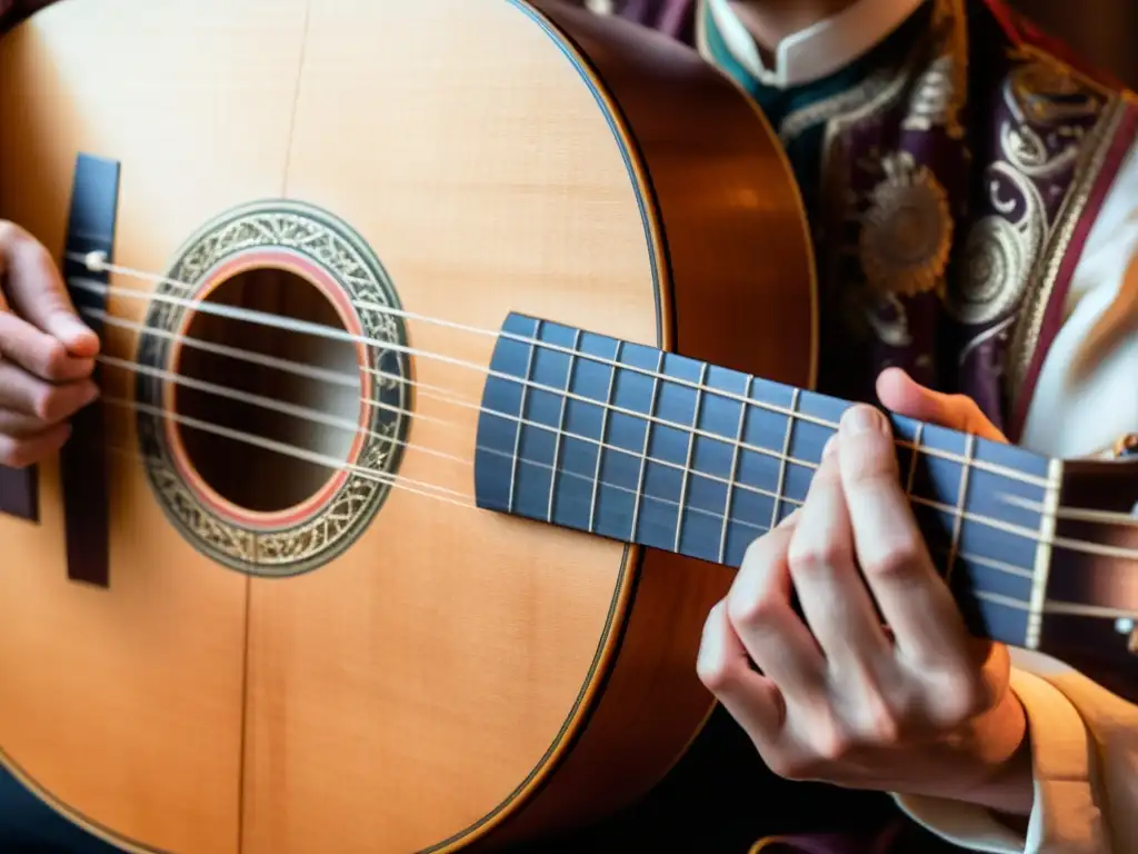 Un músico experto ejecuta la técnica de strumming en un hermoso laúd, evocando la esencia de la música antigua