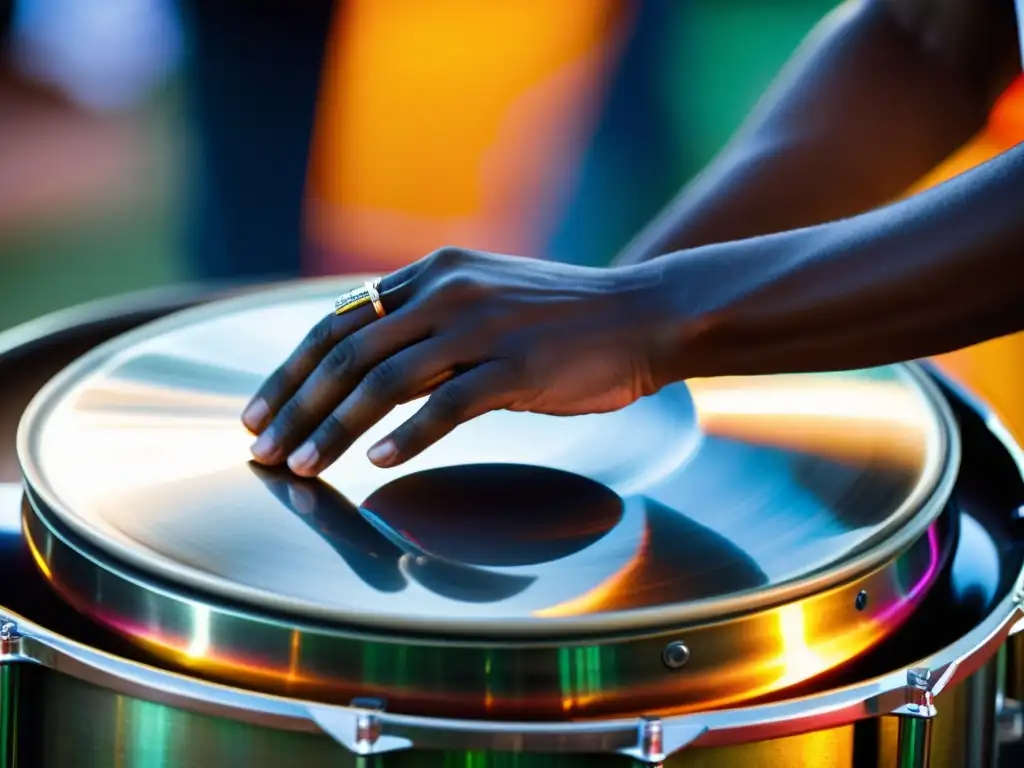 Un músico experto en steel drum tocando con técnicas calipso, en una vibrante actuación callejera caribeña