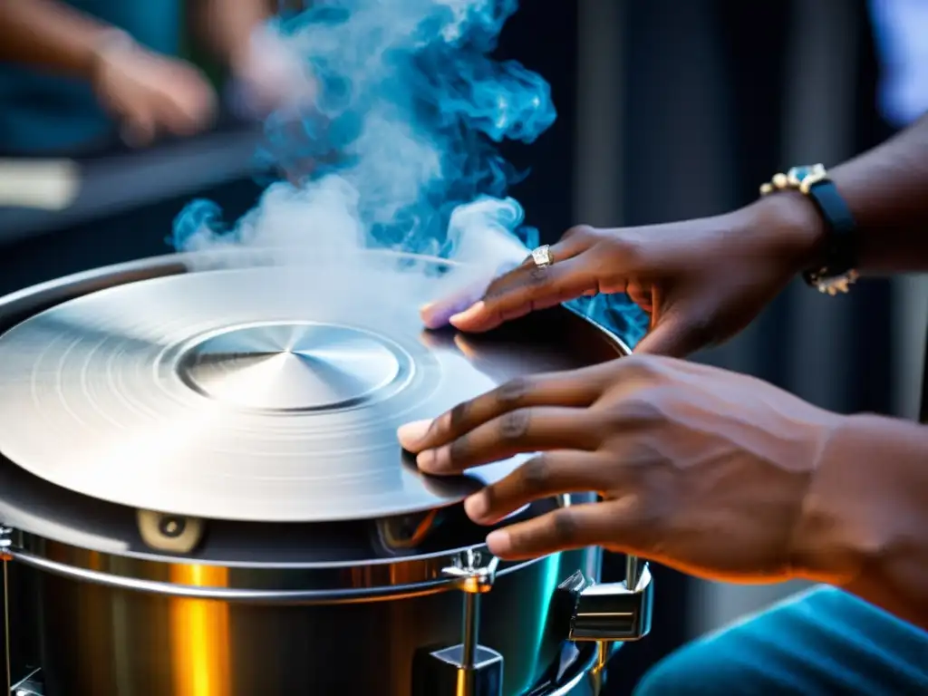 Un músico experto toca con precisión el steel drum, mostrando las técnicas calipso en un escenario caribeño