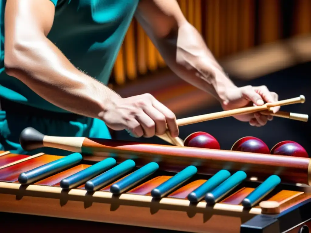 Un músico experto en técnicas de mallets para instrumentos de percusión, concentra su pasión y destreza en el vibrante marimba