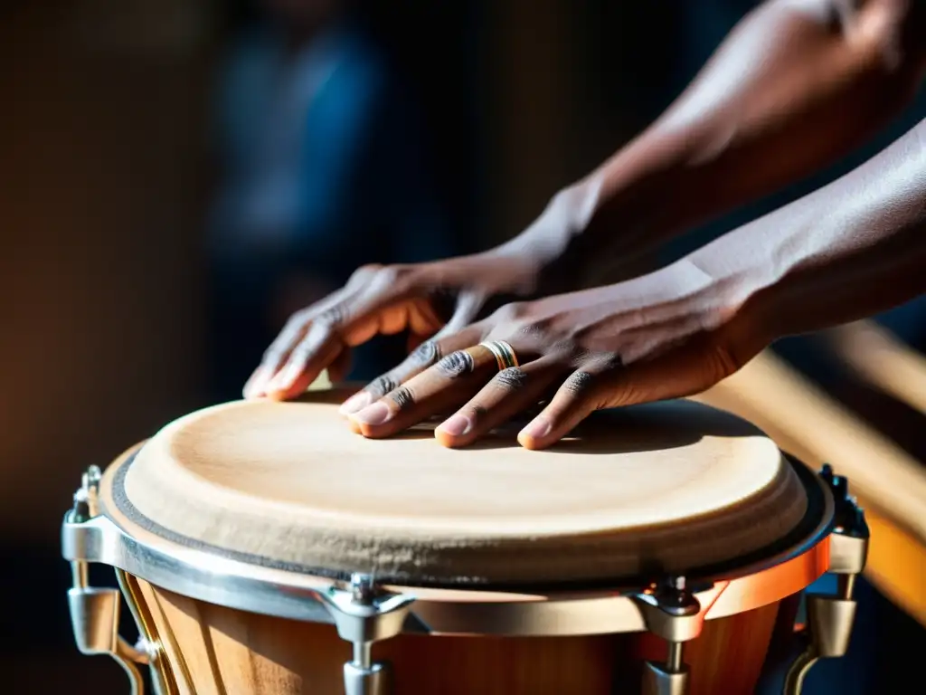 Un músico experto ejecuta las Técnicas de mano para bongos con pasión y precisión, inmerso en la atmósfera rítmica