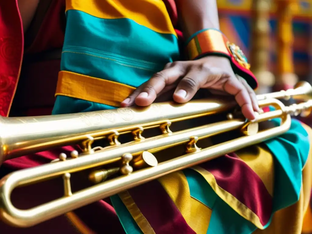 Un músico experto toca el dungchen tibetano en una vibrante ceremonia budista, destacando los detalles de este instrumento significativo