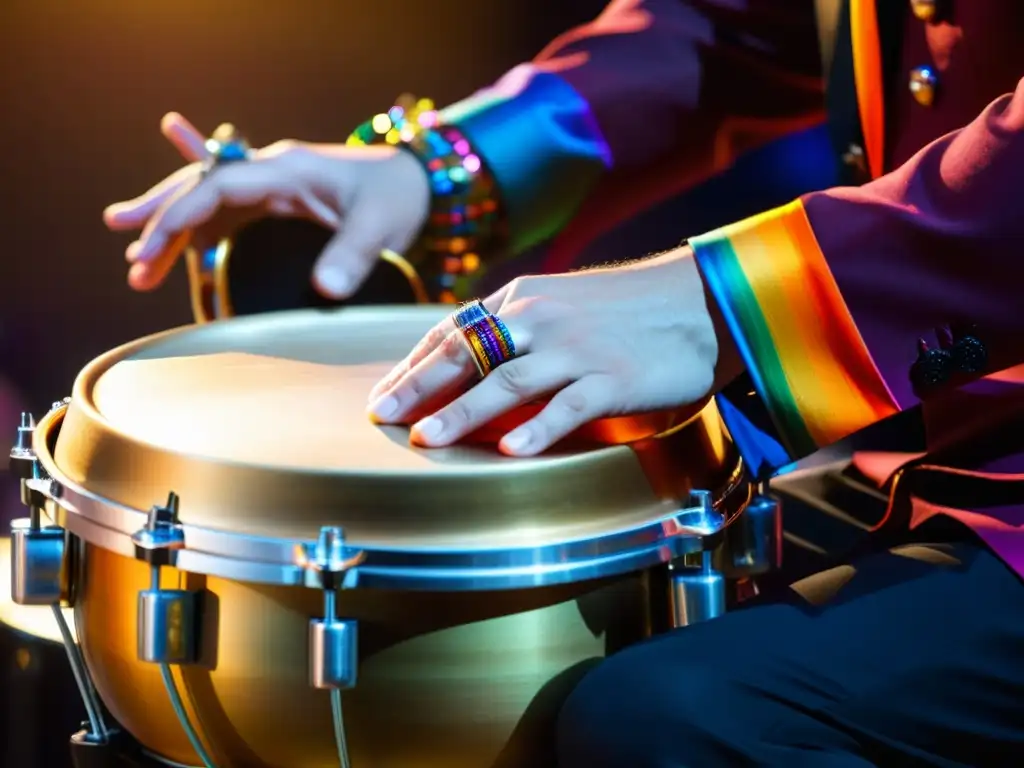 Un músico experto toca los timbales con energía, sus manos adornadas con pulseras y anillos, mientras la multitud emocionada lo observa