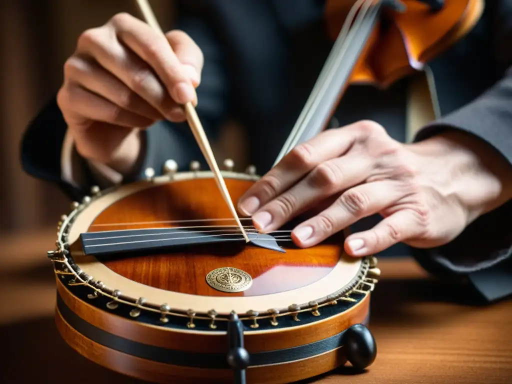 Un músico experto redescubre la Tiorba en la Música Barroca, con sus manos hábiles tocando las cuerdas