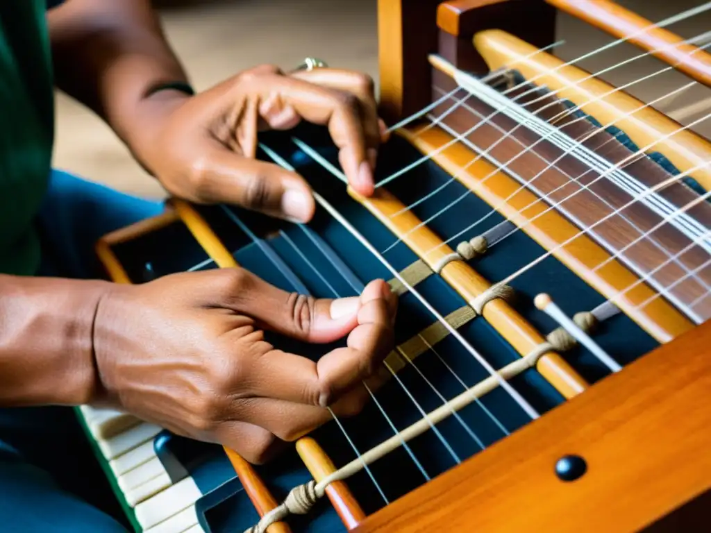 Un músico experto hace sonar el Tiple Colombiano con destreza, mostrando la rica historia y sonido de este icónico instrumento