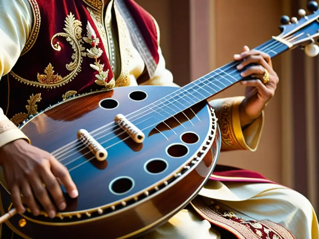 Un músico experto toca un sitar tradicional, resaltando la artesanía y la rica herencia cultural