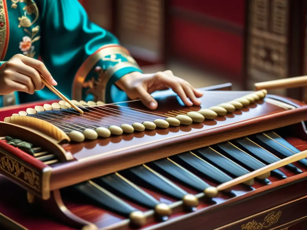 Un músico experto interpreta el guzheng entre decoración tradicional china, capturando la esencia de su historia, construcción y sonido