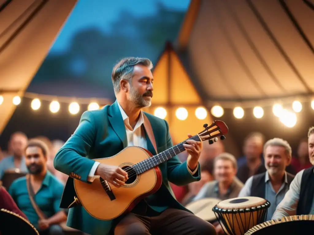 Un músico experto toca el triángulo en un escenario de música folclórica, con una audiencia entregada