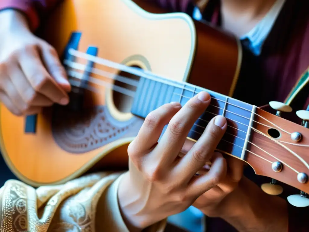 Un músico experto toca el dutar turcomano, resaltando la rica historia del dutar turcomano a través de sus manos y el instrumento