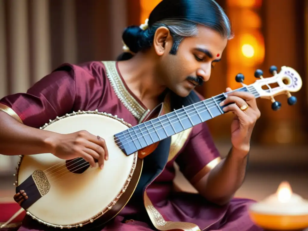 Un músico experto toca la veena en Bollywood, transmitiendo riqueza cultural y espiritualidad a través de sus manos hábiles y el instrumento detallado