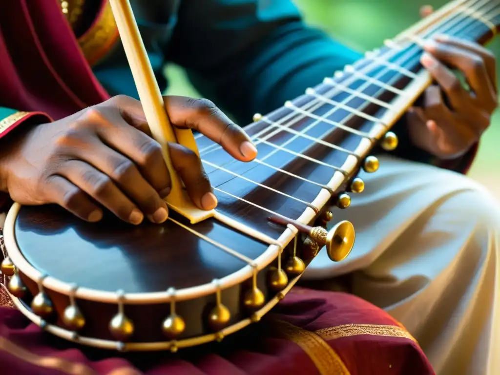 Un músico experto toca la veena india, destacando su diseño ornamental y la relevancia cultural en la música clásica india