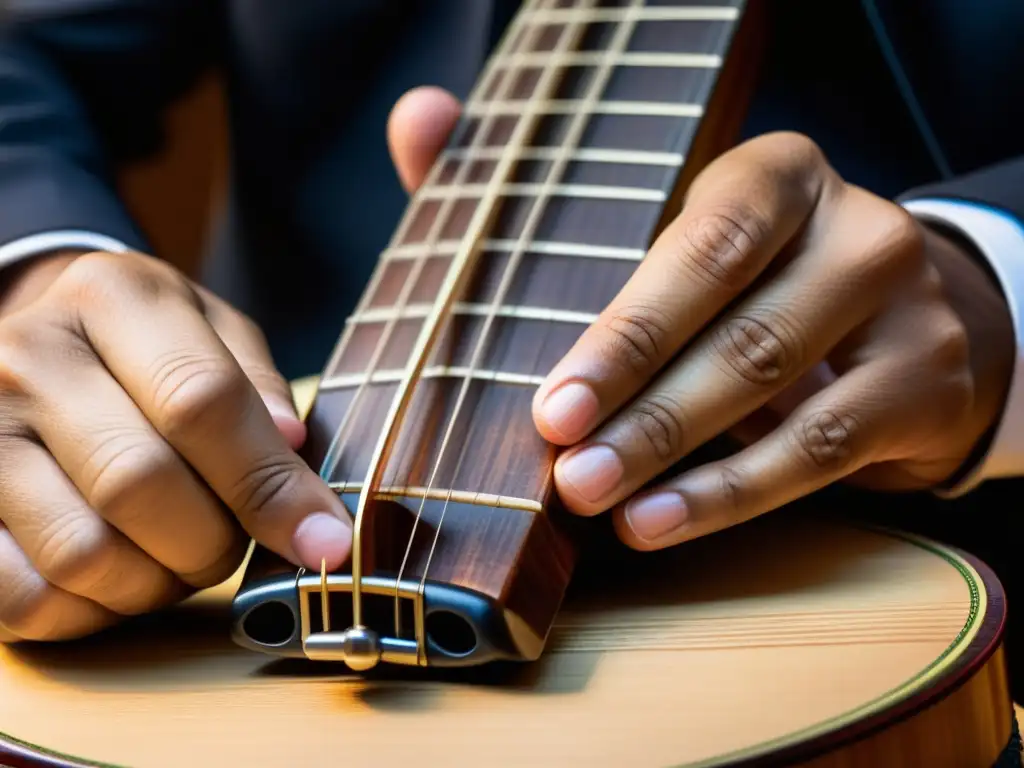 Un músico experto tocando el cuatro venezolano, mostrando la destreza y la historia del instrumento