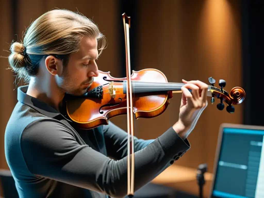 Un músico experto toca el violín en un estudio de grabación binaural para instrumentos musicales, resaltando su pasión y destreza