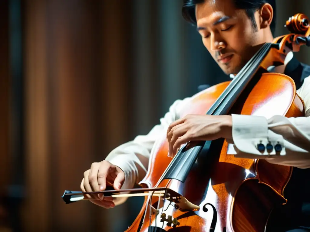 Maestría en el Cello: Emoción y Destreza en Detalle Un músico experto toca el violonchelo con pasión en un escenario impresionante
