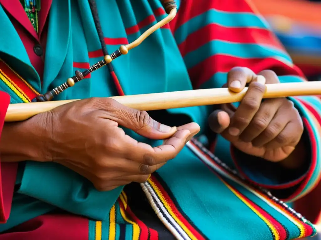 Un músico experto ejecuta la zampoña, mostrando las técnicas de ejecución en la música andina con maestría y pasión