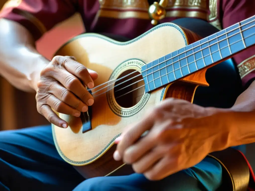 Un músico experto toca una zanfoña antigua, resaltando la madera tallada y la expresión concentrada