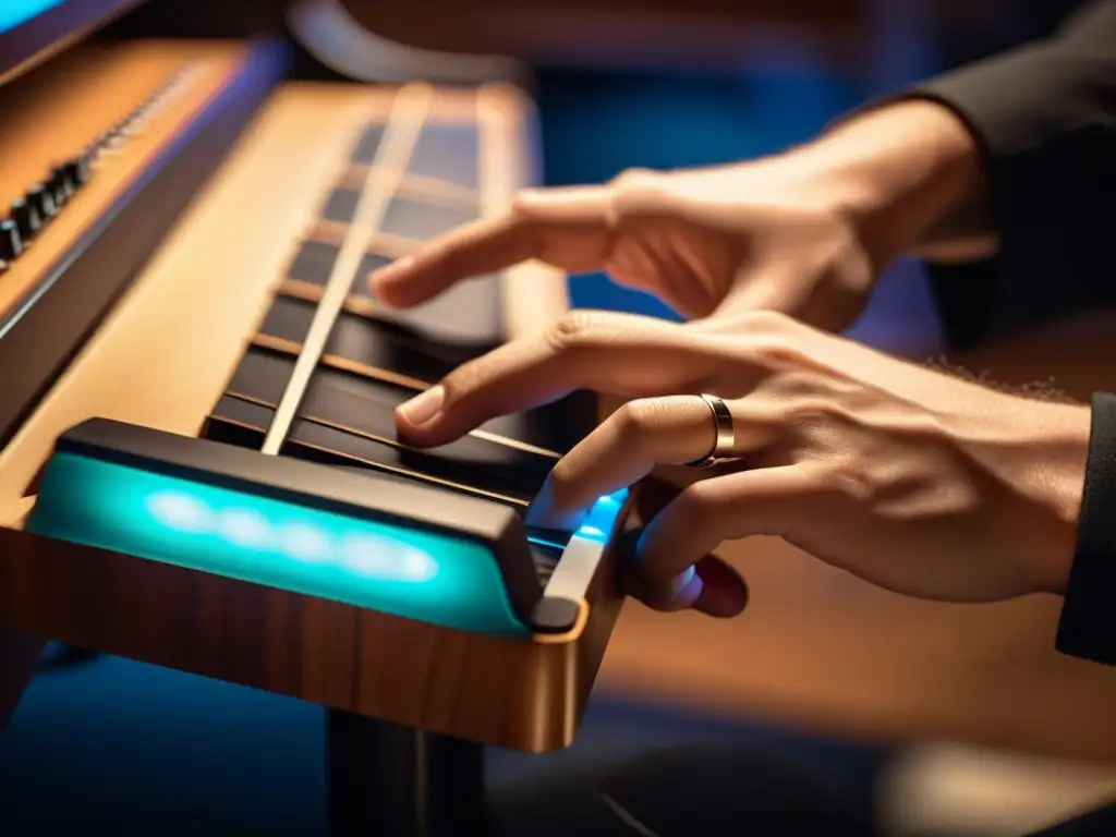 Un músico toca con expresión el teclado expresivo Continuum Fingerboard, resaltando su diseño moderno y la intensidad artística