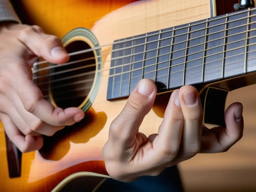 Un músico redescubriendo la expresividad melódica con el fingerboard de la guitarra, mostrando pasión y destreza en cada acorde