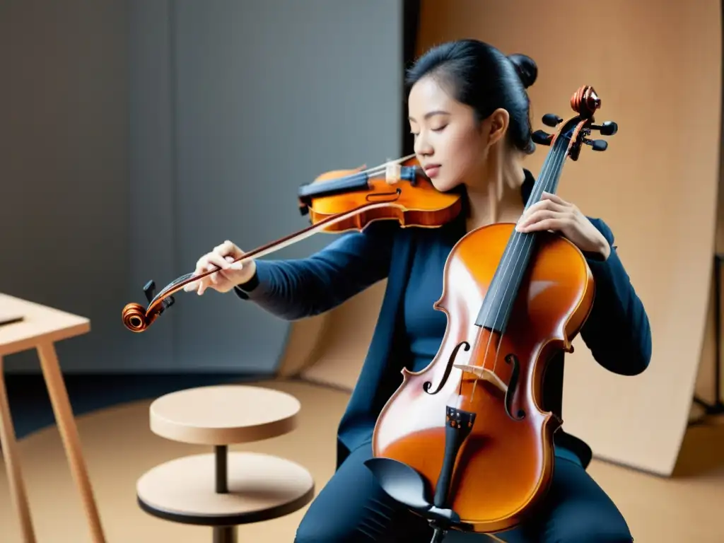 Un músico interpreta con facilidad su violín ergonómico en un taller artesanal, destacando la ergonomía en diseño de instrumentos musicales