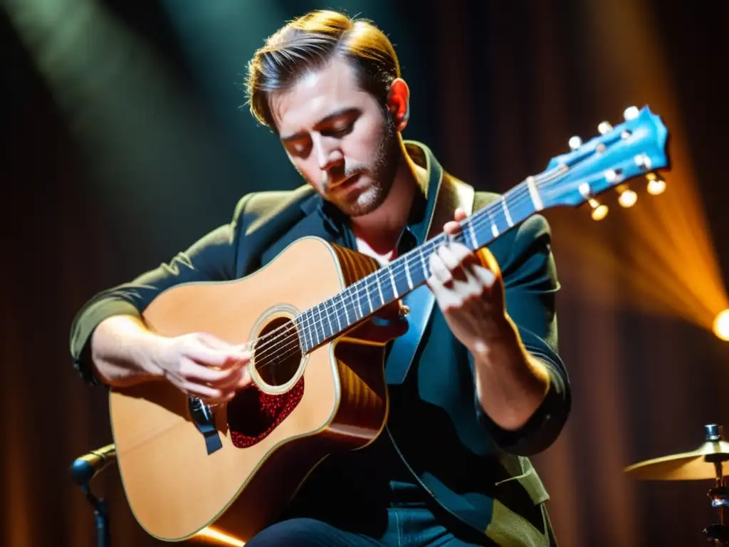 Un músico famoso tocando una guitarra acústica en un escenario, con una intensa pasión