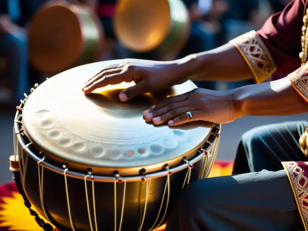 Un músico toca un hang drum con pasión en un festival cultural, mientras el público observa con admiración