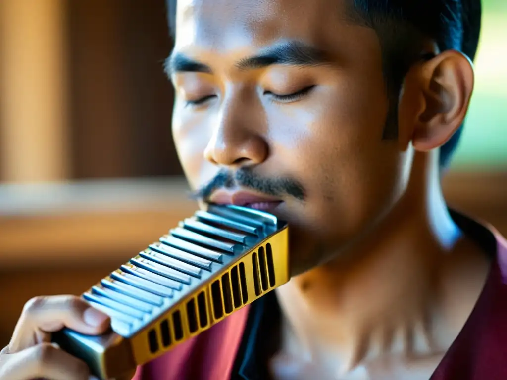 Un músico toca el kubing filipino, expresando alegría con una serena sonrisa