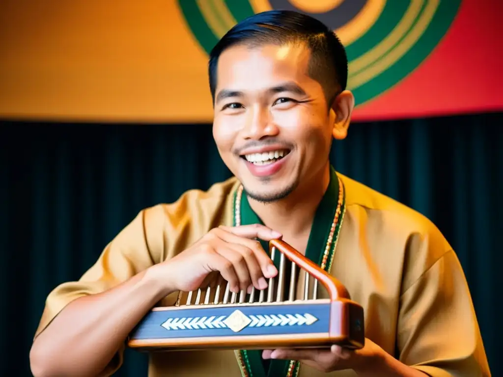 Un músico filipino con una sonrisa alegre tocando el kubing, expresión musical tradicional