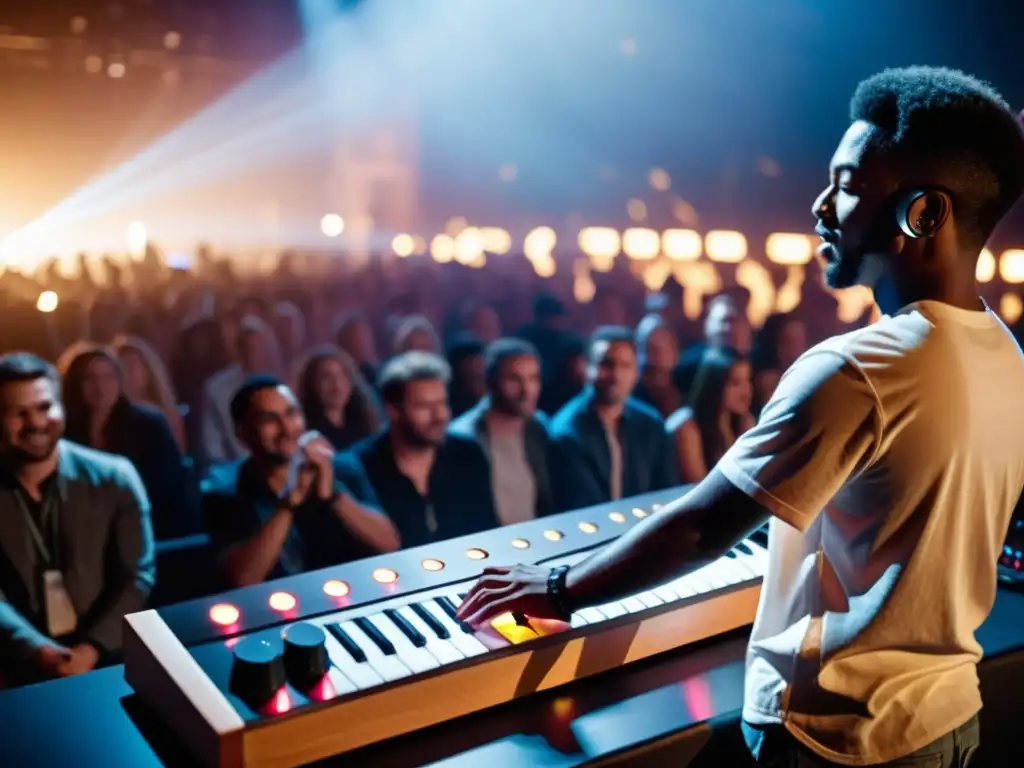 Un músico toca con pasión un Continuum Fingerboard en el escenario, rodeado de fans de música electrónica emocionados