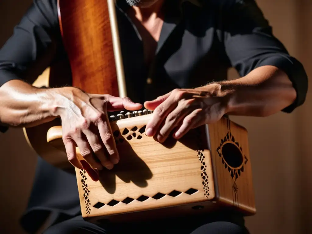 Un músico de flamenco apasionado toca el cajón con destreza, rodeado de una cálida luz, transmitiendo la magia del cajón flamenco