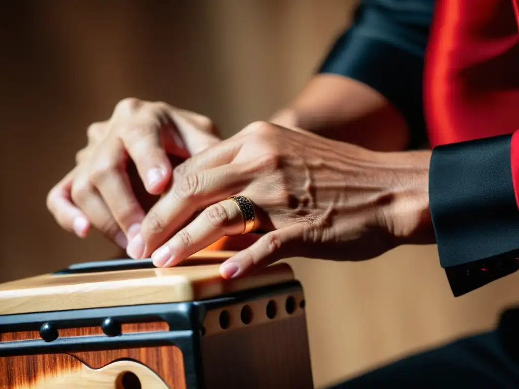 'Un músico de flamenco toca el cajón con pasión, resaltando la magia del cajón flamenco en la música pop moderna