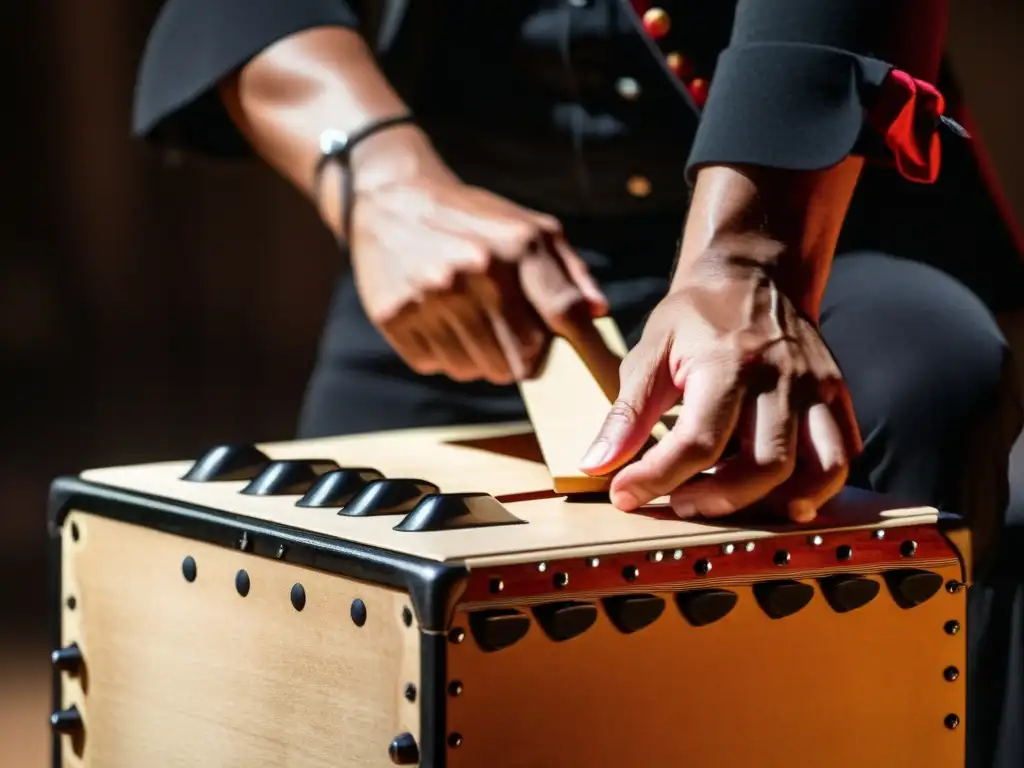 Un músico de flamenco toca apasionadamente un cajón peruano en un escenario tenue, fusionando culturas con música emotiva