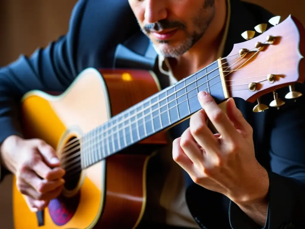 Un músico de flamenco improvisa apasionadamente en su guitarra, transmitiendo profundidad emocional