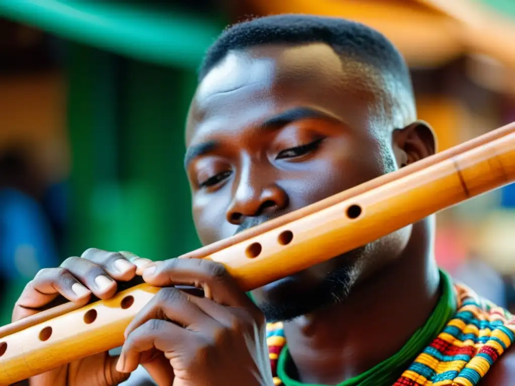 Un músico toca una flauta de bambú tradicional de Ghana en un bullicioso mercado, resaltando la artesanía y la cultura local