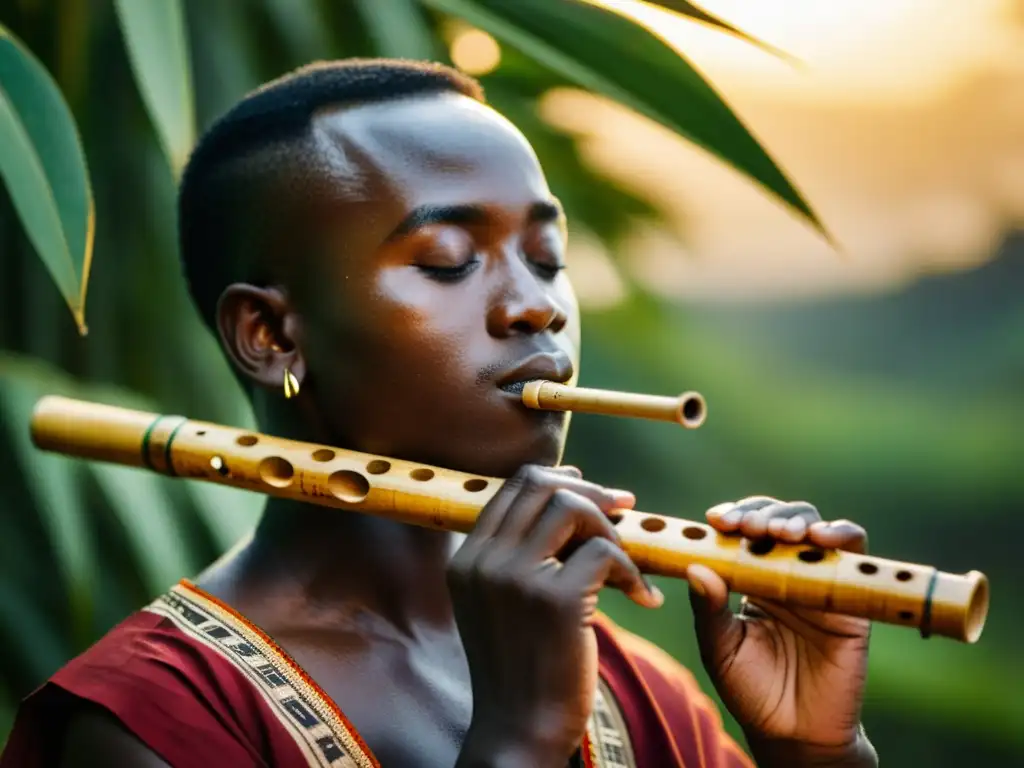 Un músico sostiene una flauta de bambú tradicional de Ghana, con símbolos tallados