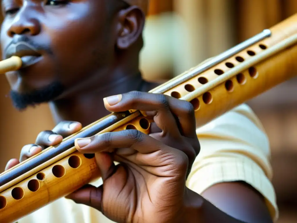 Un músico toca con maestría la flauta de bambú tradicional de Ghana, mostrando increíbles detalles y una atmósfera cultural envolvente