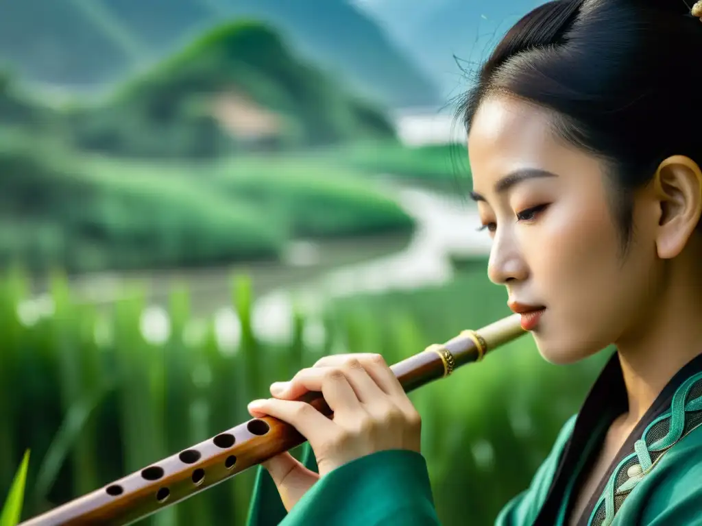 Un músico hábil toca el dizi, flauta china, en un paisaje sereno