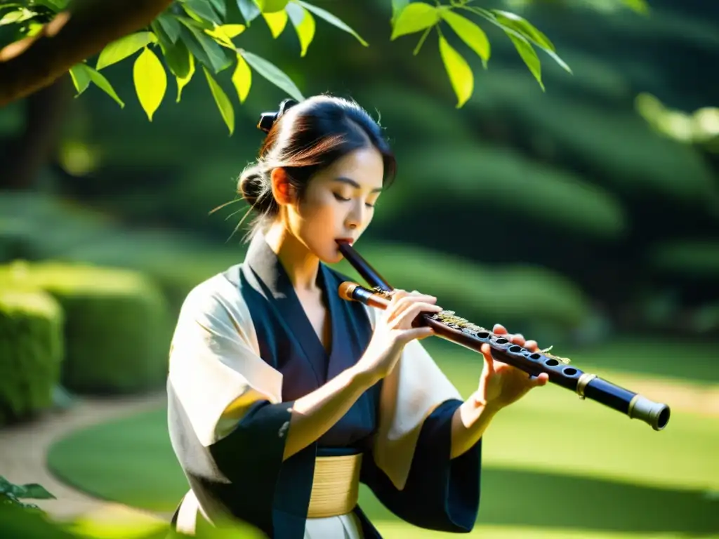 Un músico toca una flauta shakuhachi en un jardín sereno, mostrando la influencia de instrumentos extranjeros en la música